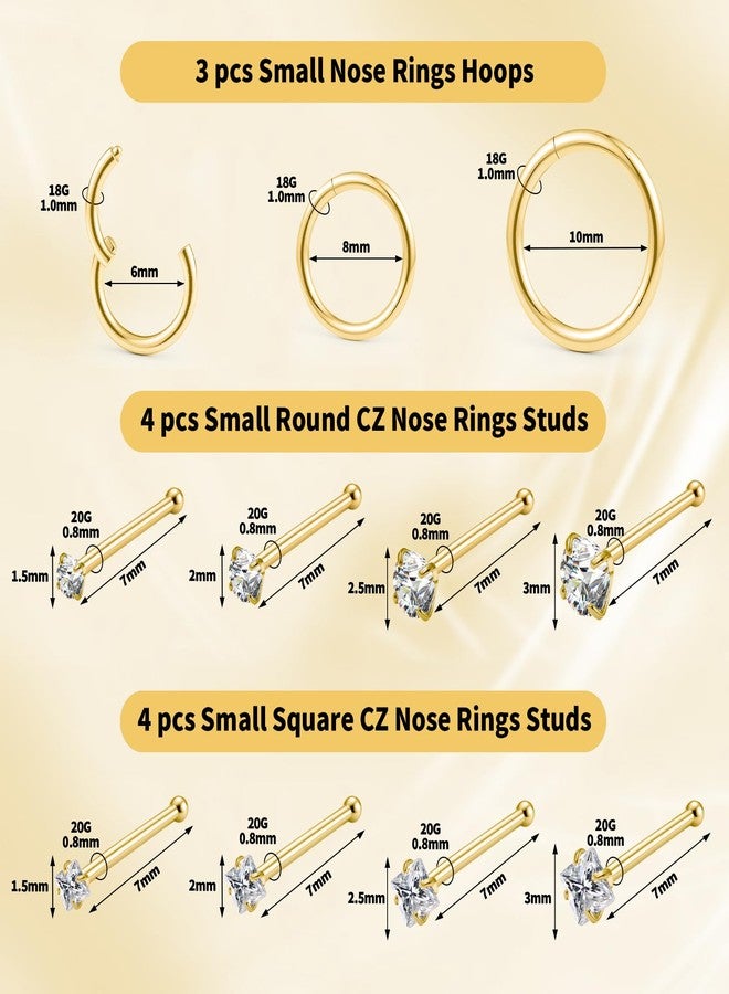GingYing 20g Nose Rings Studs and 18g Nose Rings Hoops for Women Men: Hypoallergenic Surgical Stainless Steel Threadless Corkscrew/L Shape/Straight Nose Studs Round Square Simulated Diamond CZ 1.5/2/2.5/3mm Hinged Clicker Segment Nose Hoops Septum Nostril Piercing Nose Bone Jewelry 6/8/10mm 11pcs (11Pcs-Gold-Straight nose stud+Nose ring hoop) - Image 2